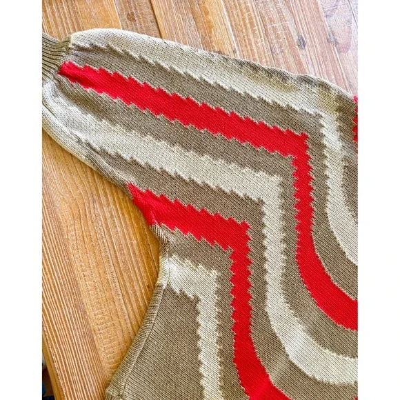 Vintage 80s Italian Slouchy Chevron Knit Sweater Boho Neutral Red OS - Picture 4 of 5